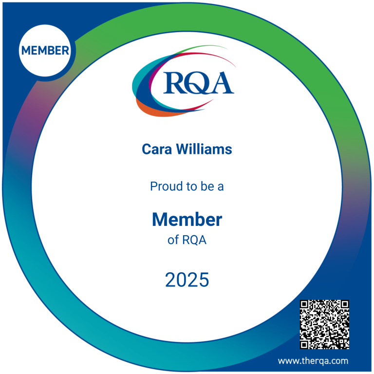Membership badge for Cara Williams, RQA, valid for 2025, featuring logo and QR code.
